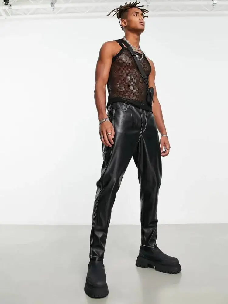 Straight-Leg Leather Pants For Men Women, Large Casual Pants, Deep Stitching, White Line, Autumn And Winter, New