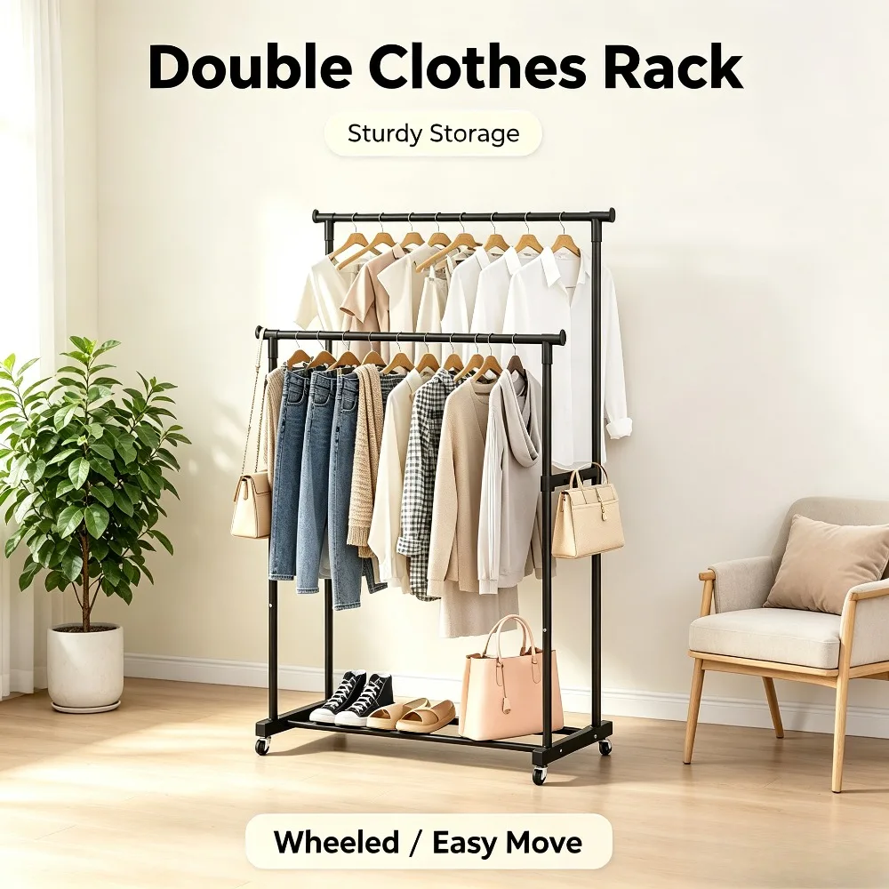 Movable Clothes Rack Rolling Garment Rack Telescopic Floor Standing Coat Hanger Storage Organizer for Bedroom Home