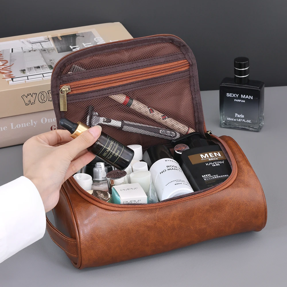 High Quality Travel Toiletry Bag For Women Men Retro PU Leather Cosmetic Bags Female Waterproof Travel Wash Makeup Bag