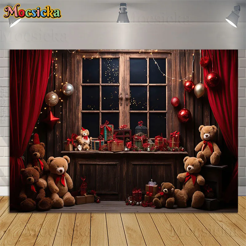 

Christmas Night Photography Backdrops Winter Windows Red Curtains Toy Bear Decor Props Kids Birthday Portrait Photo Background