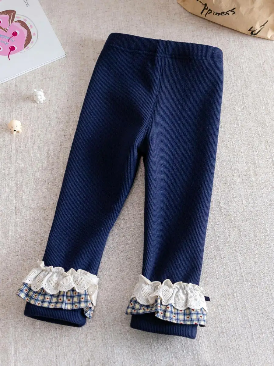 Pantalones Térmicos con Forro para Niñas, Otoño Invierno 2025, Nuevo Estilo Coreano, Leggings con Ribete de Encaje para Bebés