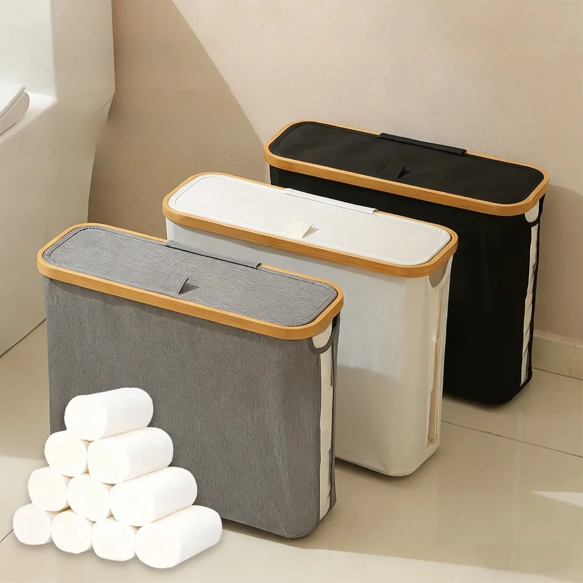 Bathroom Organizer Bamboo Storage Basket Toilet Paper Holder Space Saving Foldable Storage Bin Home Organizer Basket