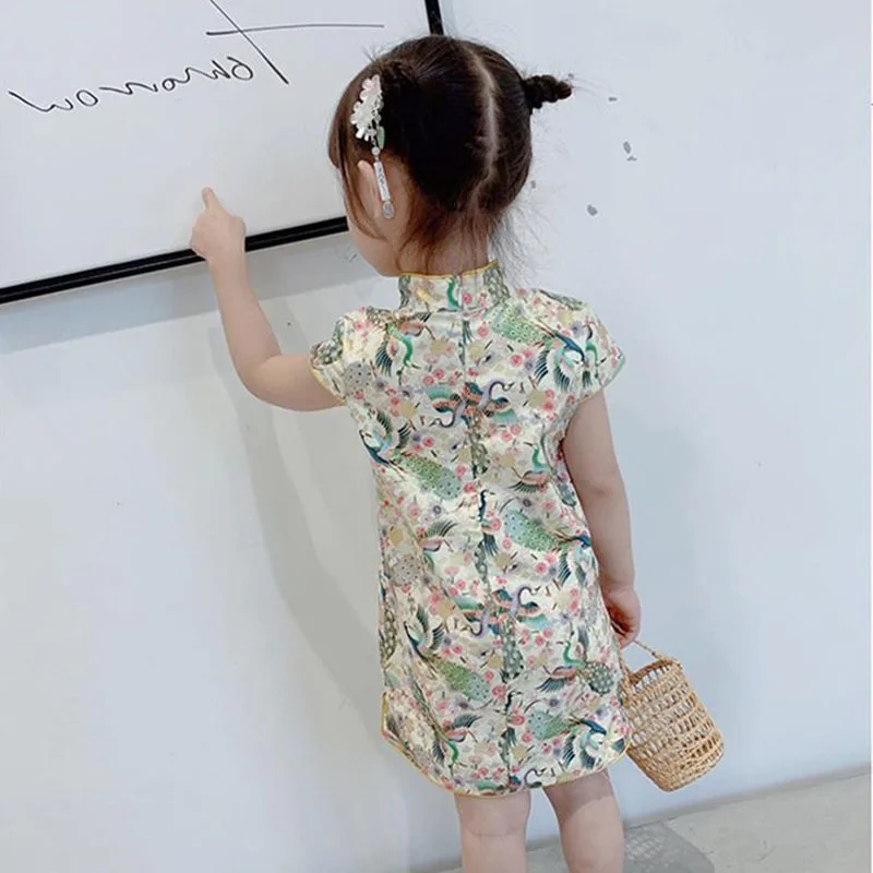 2024 Summer New Primary And Secondary Girls Chinese Style Style Retro Gingham Cheongsam Dress Son Send Hanging Ornaments