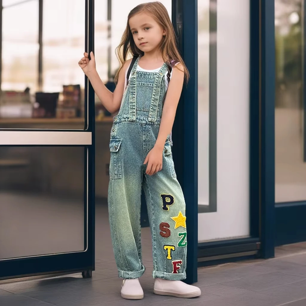 2025 Spring Girls Denim Overalls Stylish High-Waisted Adjustable Straps Jeans Jumpsuit for Kids Loose Casual Child Clothes Set