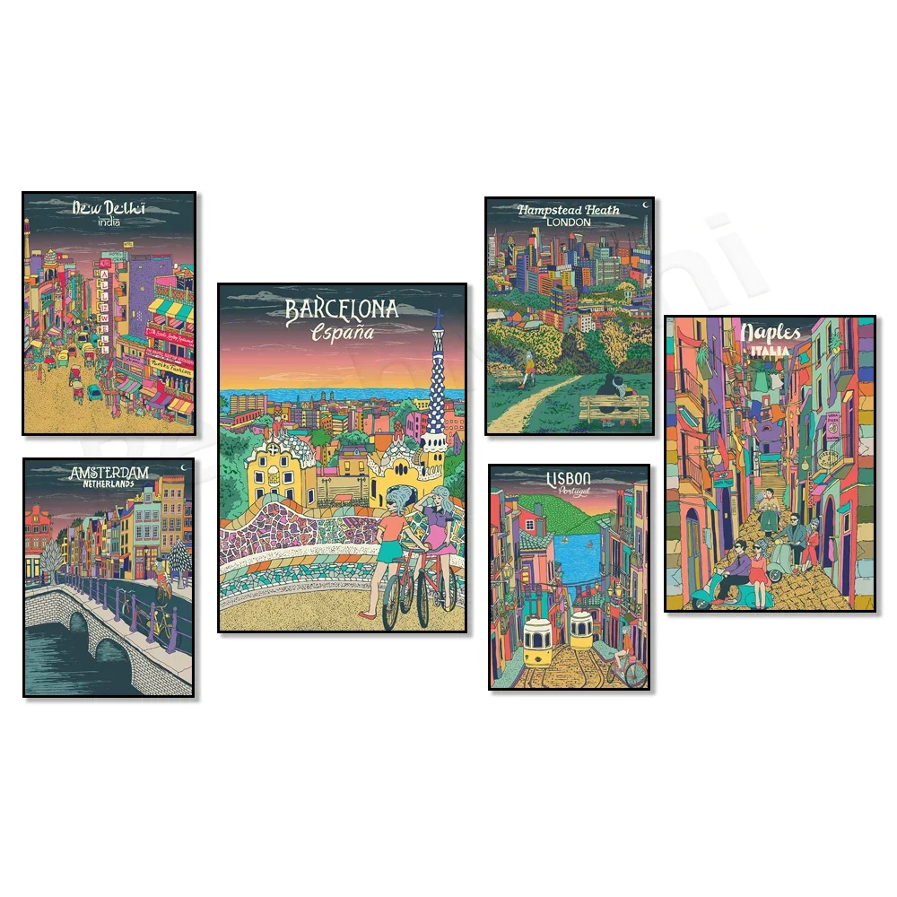 Japón, Italia Nápoles, Barcelona, París, Nueva York, Inglaterra Londres, Amsterdam, Alemania, México, Nueva estación de viaje del horizonte de la ciudad Delhi