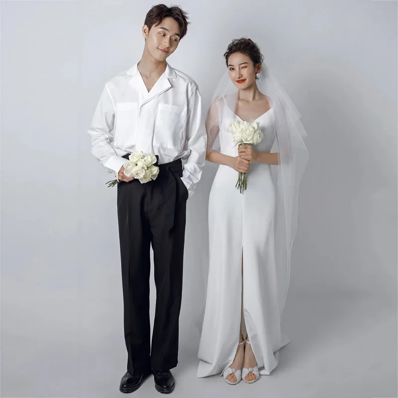 

SONDR Spaghetti Straps Elegant Custom Made Satin Wedding Gown 웨딩드레스 Civil Korea Ivory V-Neck Brides Gowns Women Bridal Dresses