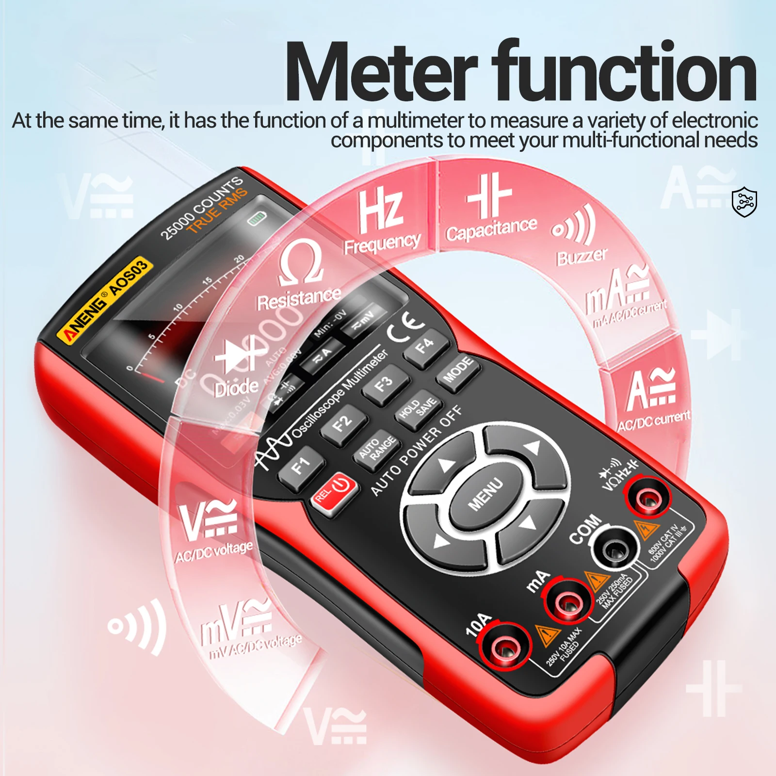 ANENG AOS03 Oscilloscope Multimeter Signal Generator Dual Channel 50MHz Bandwidth 280MSa/s Sampling 25000 Counts Multi Tester