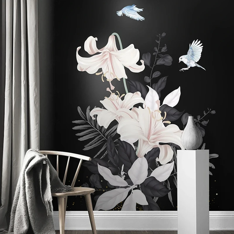 New Modern Floral Custom Wallpaper Hand-painted Lily Flowers Birds Black Background Wall Art Decorative Mural Photo 3D Backdrop