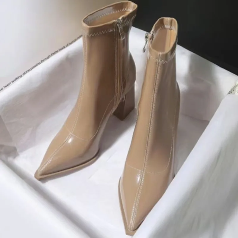 

Темпераментные осенне-зимние ботильоны на высоком каблуке 9 см с французским острым носком, высококачественные короткие сапоги на толстом каблуке 2025 г.