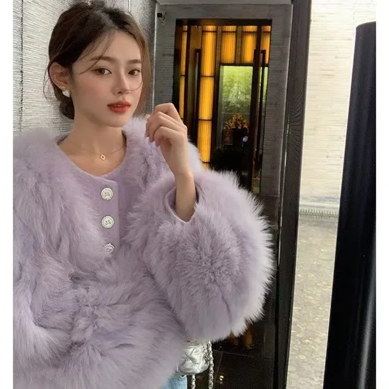 Fox Fur Jacket Women's Short Outwear Autumn Winter New Korean All-Match Button Thick Warm Tops Loose Long Sleeve Warm Fur Coat