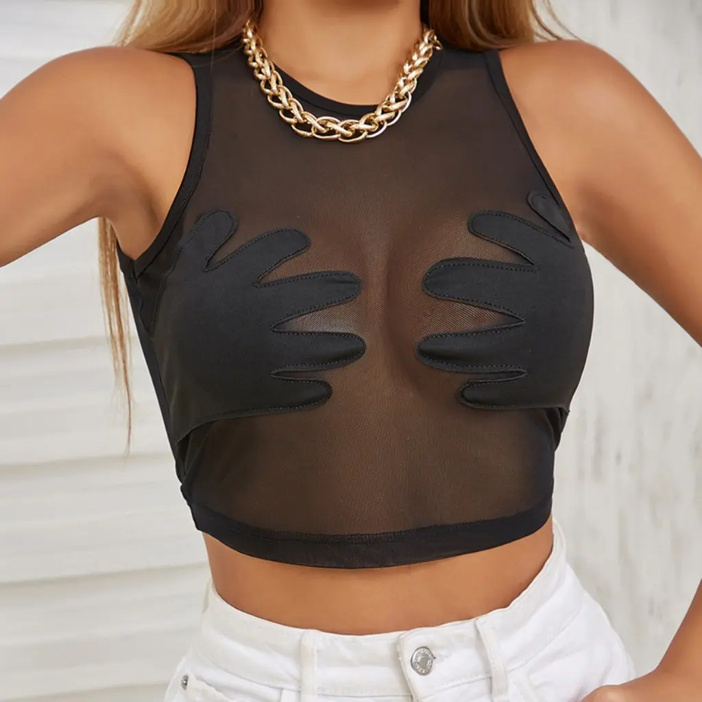 

Summer New Women's Crew Neck Sleeveless Vest European American Style Creative Small Mesh Stitching Palm Design
