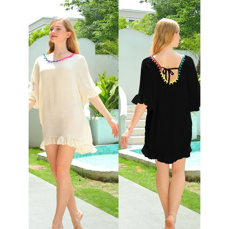 Cross-Border European and American Fashion Women's Wear Loose Color Ball Flying Sleeves Anti-DDoS Beach Cover-up Sweet Fresh Dre