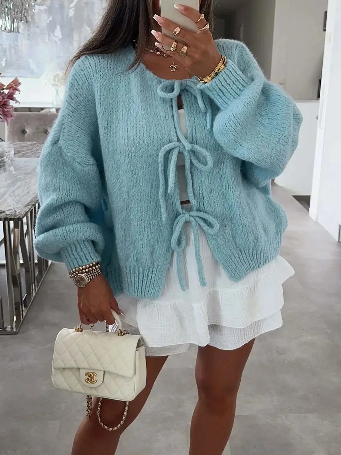 

Women's Long Sleeve Cardigan round Neck Open Front Lace-Up Casual Fashion Plain Autumn Winter Daily Wear