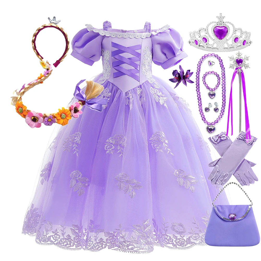 

Платье с персонажем Софии Рапунцель для девочек, фиолетовое, с длинными волосами, сетчатое, нарядное, для детей, на день рождения, карнавал, Хэллоуин, вечеринку