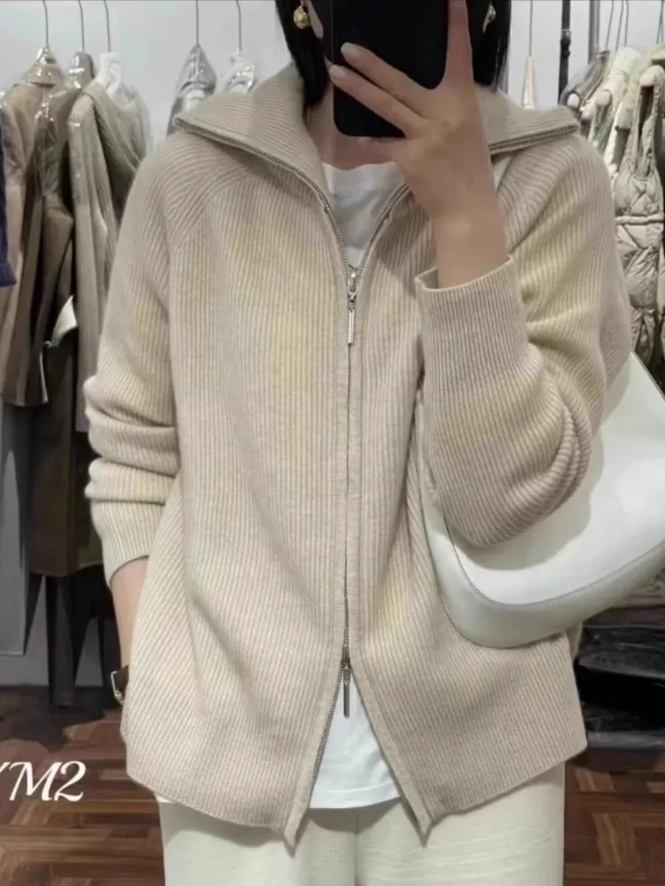 Autumn and winter new cashmere POLO collar zipper cardigan women loose lazy style pure wool lapel sweater coat