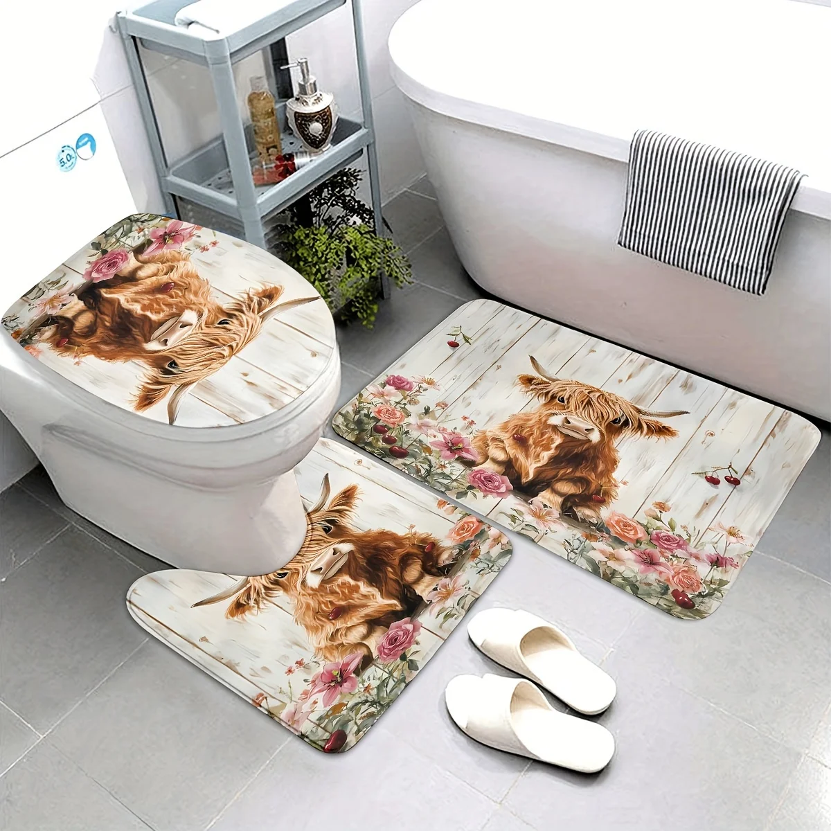 

3-х предметный узор Highland Cow Rose Cherrywood, полиэфирная ткань, можно стирать в машине, U-образный коврик, нескользящий коврик, чехол на сиденье унитаза