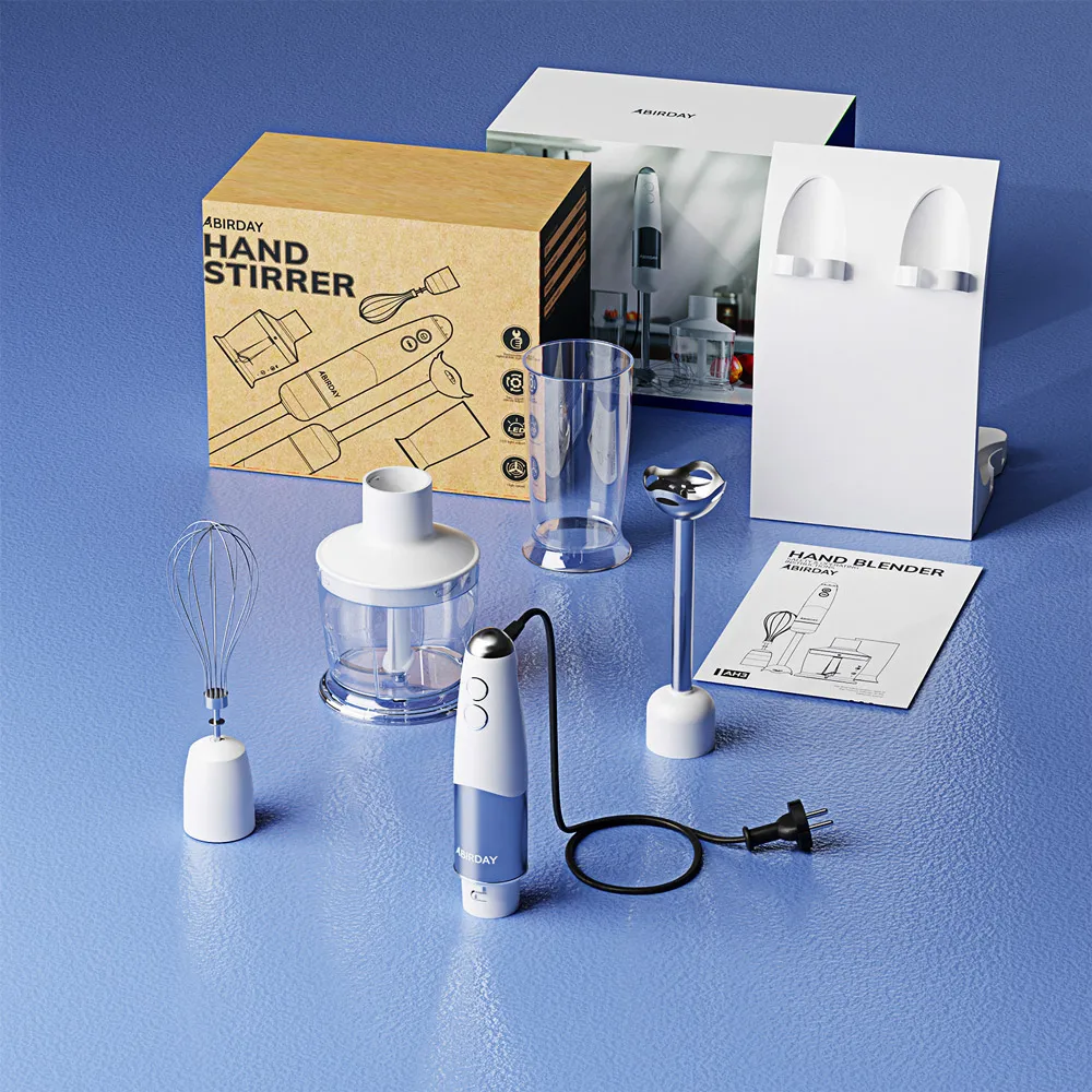 Ручной погружной блендер ABIRDAY 4-в-1 с держателем, миксер из нержавеющей стали, многофункциональный венчик и соковыжималка белого цвета
