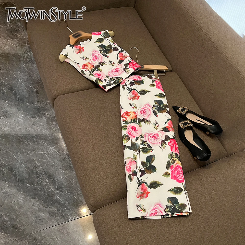 

TWOTWINSTYLE Print Slimming Two Piece Sets For Women Round Neck Sleeveless Top High Waist Long Skirt Chic Set Female KSE537333