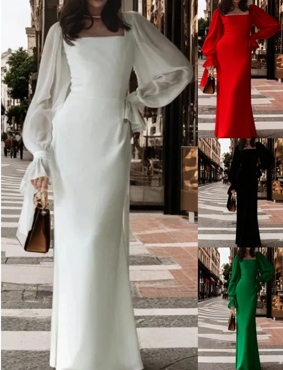 

SKMY 2026 Long Sleeved U-Neck Slim Fit Fishtail Floor Length Wedding Dress Chiffon Party Long Dresses Elegant Women Clothing