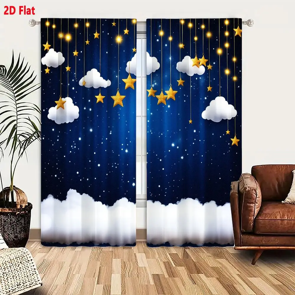 2Pcs Curtains 2D Flat Whimsical Starry Night Sky Scene With White Fluffy Clouds Golden Stars And Glowing Fairy Lights Suspended