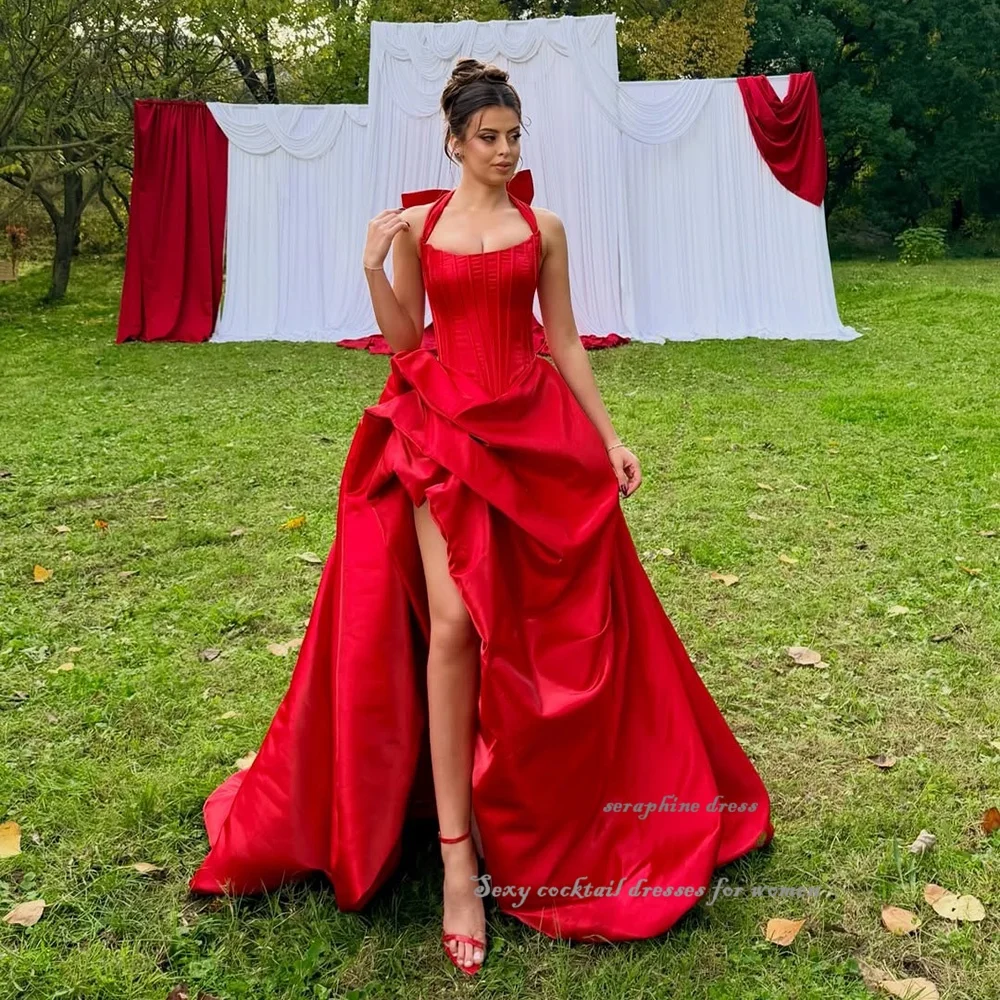 Cetim personalizado halter vestidos de noite alta divisão noite fora vestido de baile espartilho longo vestido de baile com alças vestidos de cocktail formais