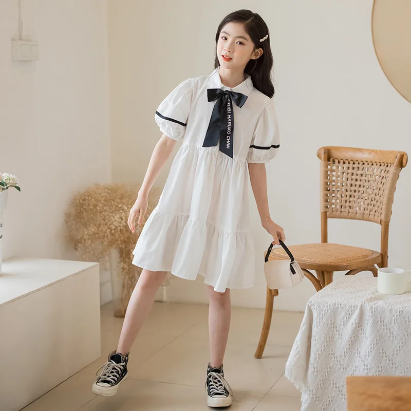 2024 Korean Summer Children Girl One-piece Dress Elementary Girl Bow Bubble Sleeve School Girl Fluffy Elegant Princess Dress