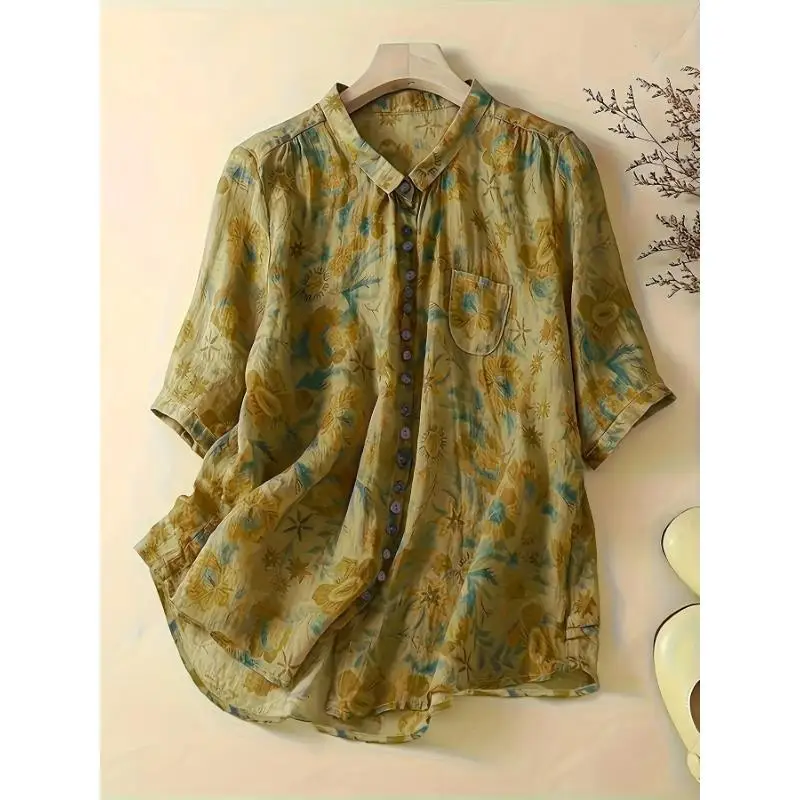 Women's Plus Size Fashionable Printed Pocket Mid Sleeve Lapel Button Casual Commuting Shirt