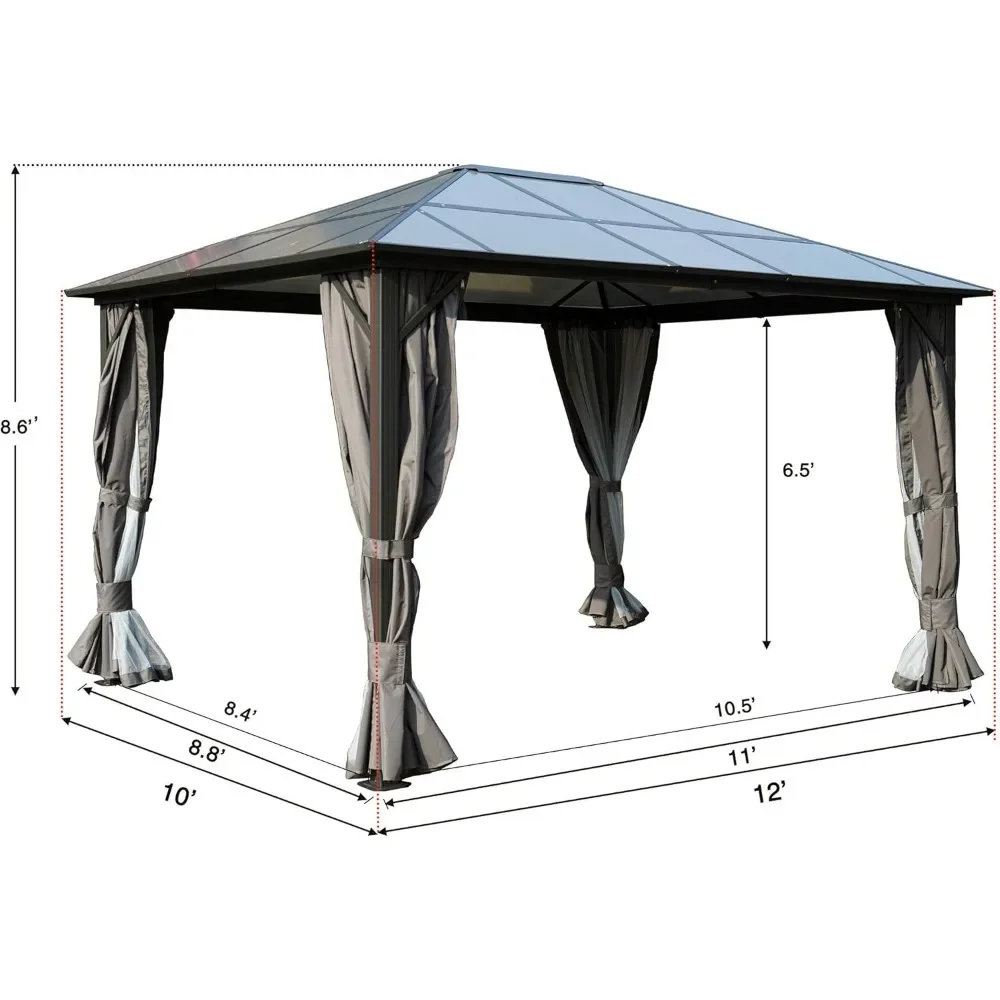 10ftx12ft Hardtop Gazebo, Composite Polycarbonate Top for Outdoor Patio Lawn and Garden, Curtains and Netting Included, Pergolas