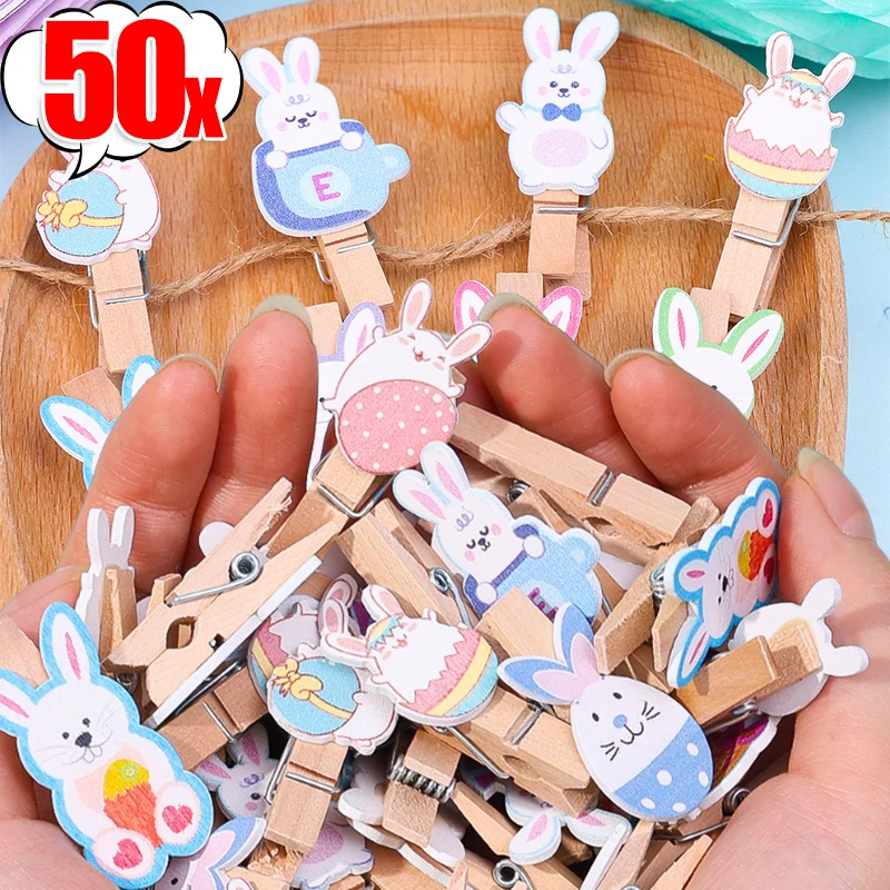 10/50 Easter Wooden Photo Clips Cartoon Bunny Rabbit Wood Clips Mini Postcard Paper Pegs Clothespin Home Decoration Accessories