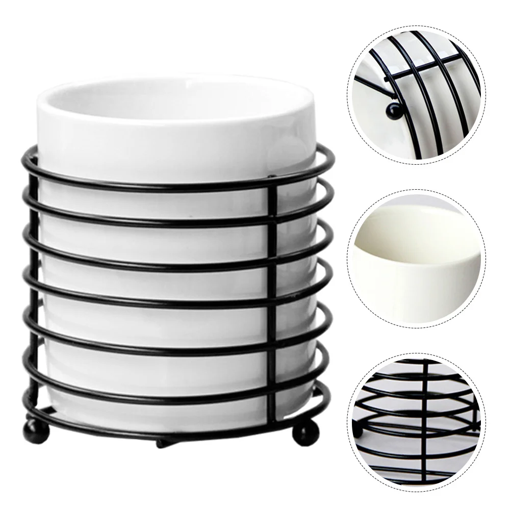 حامل فرشاة مكياج من السيراميك مع حامل حديدي لكوب القلم الرصاص ومنظم سطح المكتب وحامل القلم وحاوية تخزين للوازم المكتبية