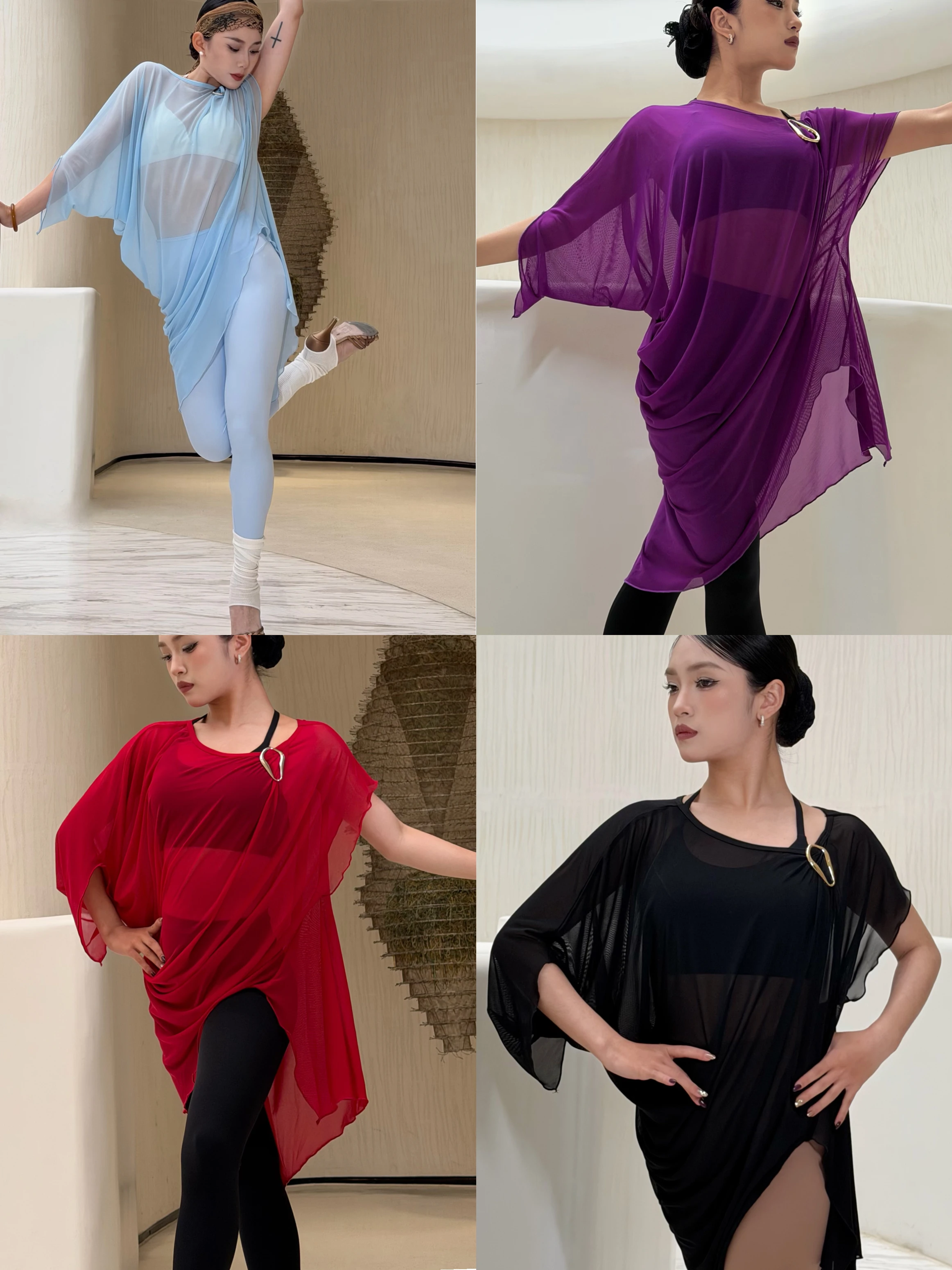 

2025 New 4 Colors Smock Latin Dance Costumes For Women Loose Mesh Top Chacha Tango Samba Dance Practice Training Wear DQL12167