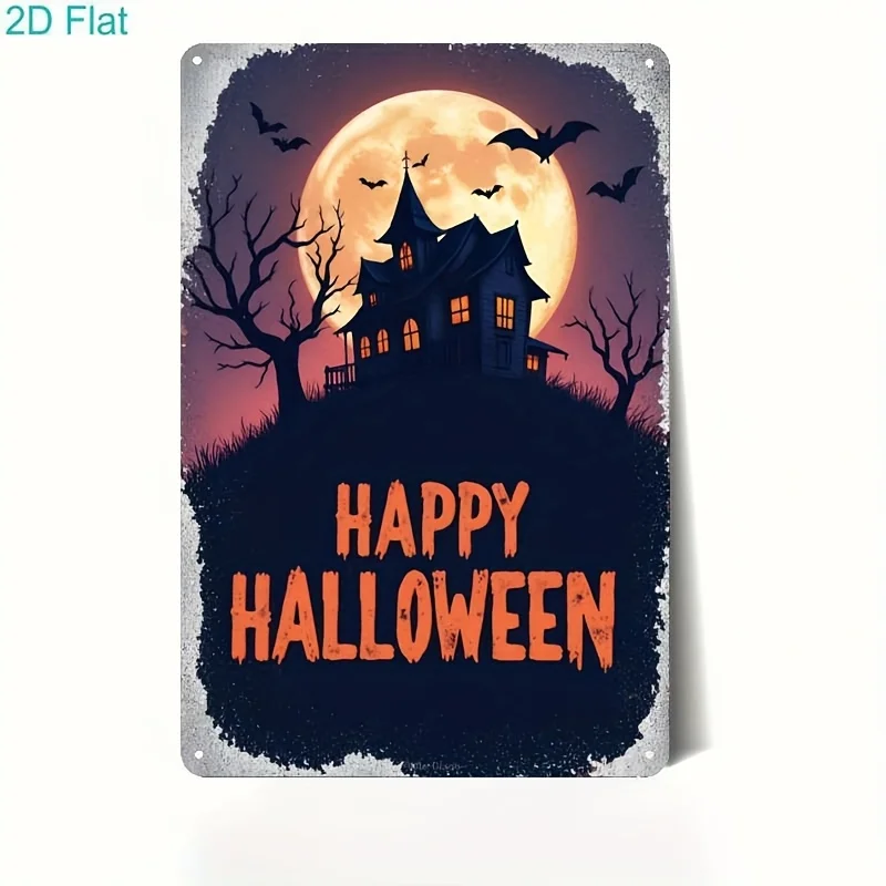 Metal Iron Sign,2 Spooky Halloween Haunted House with Full Moon Bats Design, Retro Tin Decor for Wall Art in Home Bar Garage P