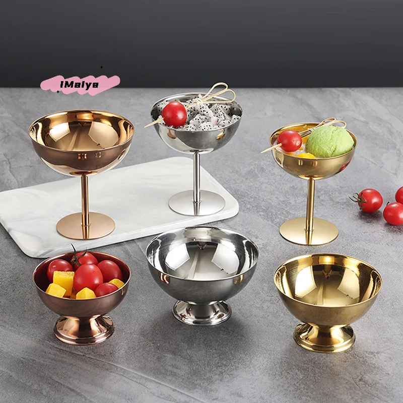 Tazón de Acero Inoxidable M-304 para Postres, Helados, Ensaladas, Frutas, Yogur, Bocadillos, con Base Alta, Estilo Retro, para Bar y Cena