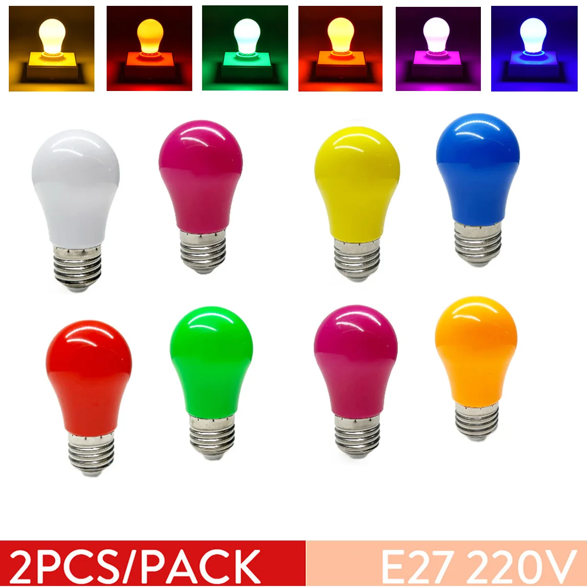 2x E27 2w Led Bulbs Rgb  Screw-base Globe Bulb Lamps A45 Light Red Blue Green Pink Yellow White Purple 8-light-colors 240v 10w