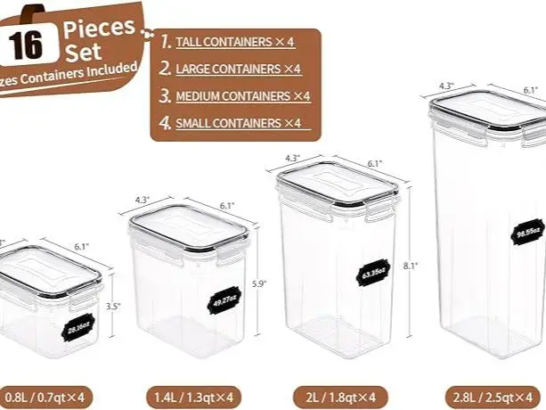 32Pcs Airtight Food Storage Container Set 16 Pack BPA Free Stackable Kitchen Pantry Canisters with Leak Proof Lids Reusable Meal Prep Box Cereal Flour Sugar Organization Accessories with Labels