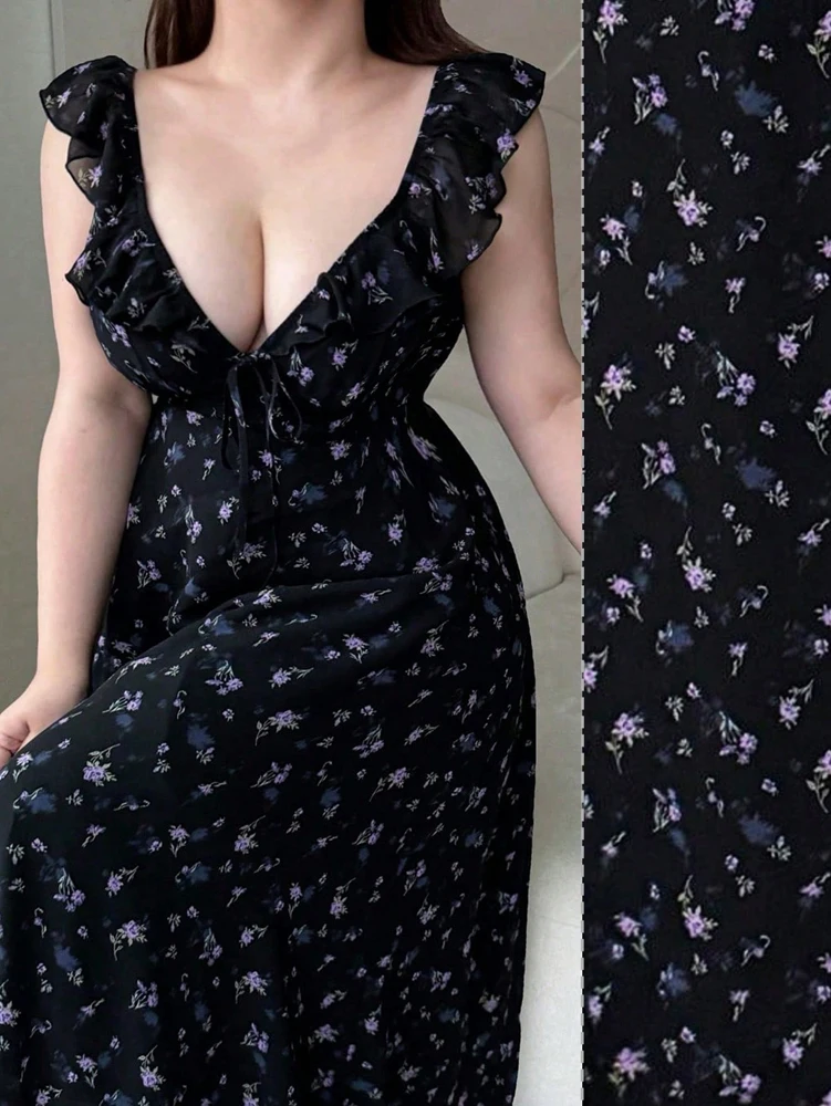 Plus-Size Spring/Summer Fashion: Seductive Purple Floral Dress – Sweet Style, Comfortable and Casual, Perfect for Work or Dates