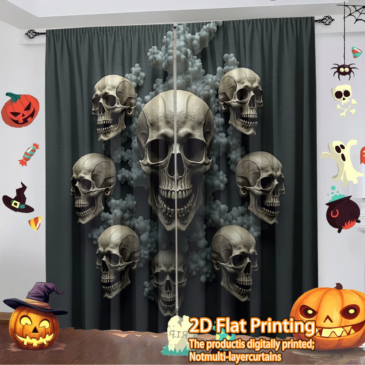 Spooky Halloween Skull Window Curtain 2 Panels, Stacked Grey Skull Smoke Bubble Print Soft Dark Gray Tone Bedroom Decor Curtain