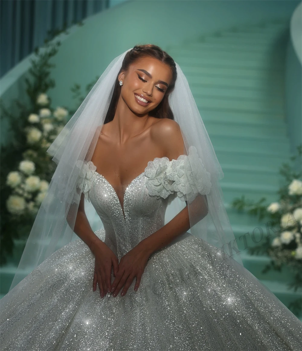 glitter princess wedding dress Pink off the shoulder princess sparkle ball gown wedding dress with court train & glitter tulle