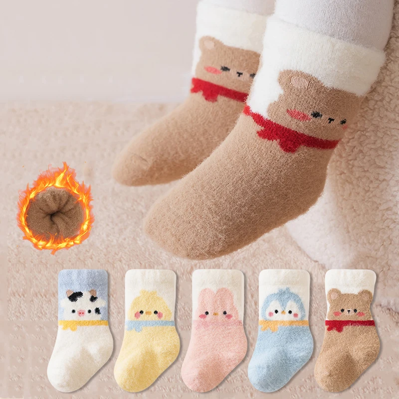 Winter Thick Fleece Baby Socks Cute Cartoon Warm Infant Socks Winter Mid Tube Toddler Socks for Boys Girls