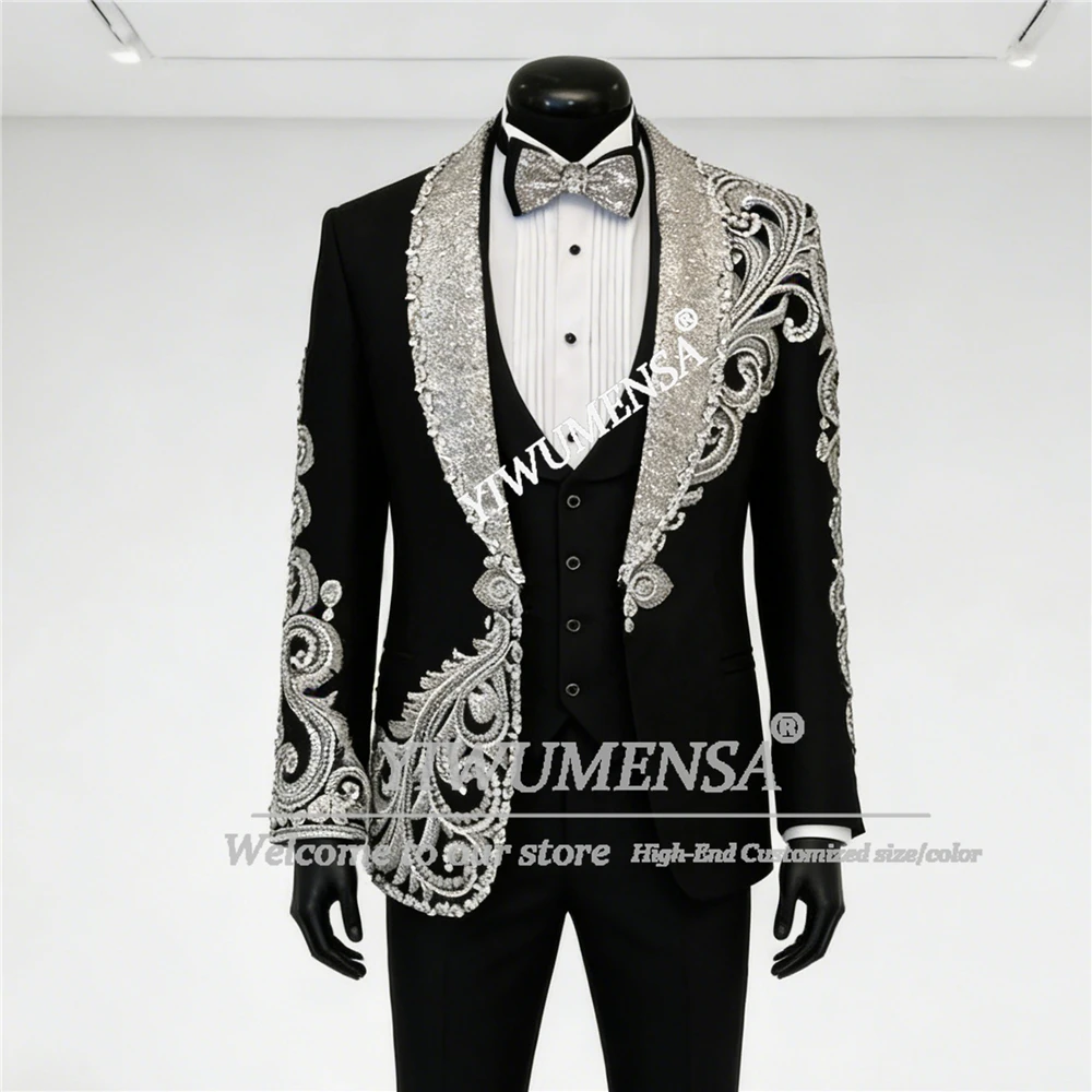 

Роскошные костюмы с кристаллами из бисера, мужские пиджаки с блестками и лацканами для выпускного вечера, свадебные смокинги для жениха по индивидуальному заказу, комплект из трех предметов Terno Masculinos