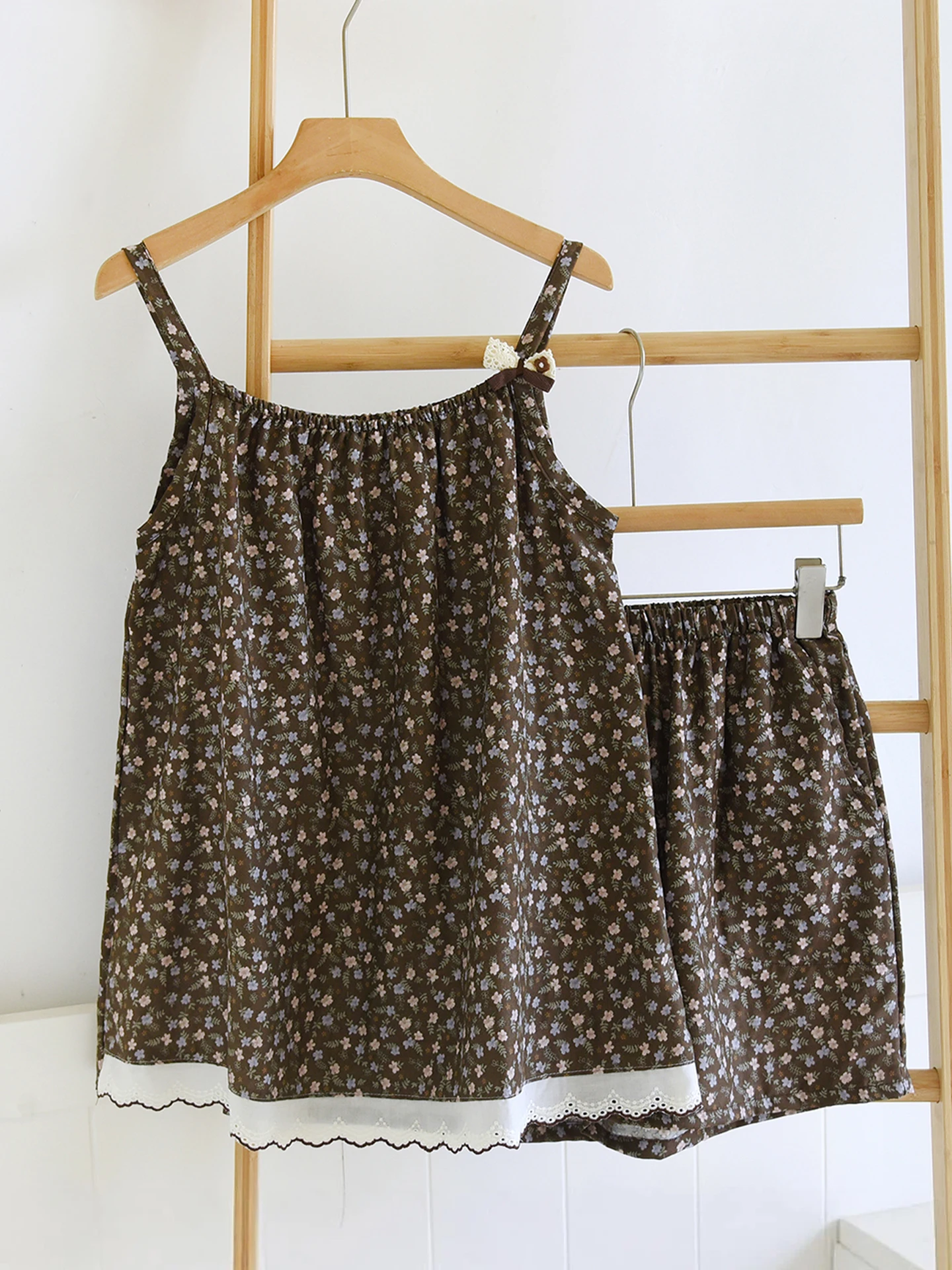 pure-cotton-gauze-summer-thin-retro-floral-print-women's-nightgown-home-clothes-vest-shorts-home-comfortable-breathable-sleep