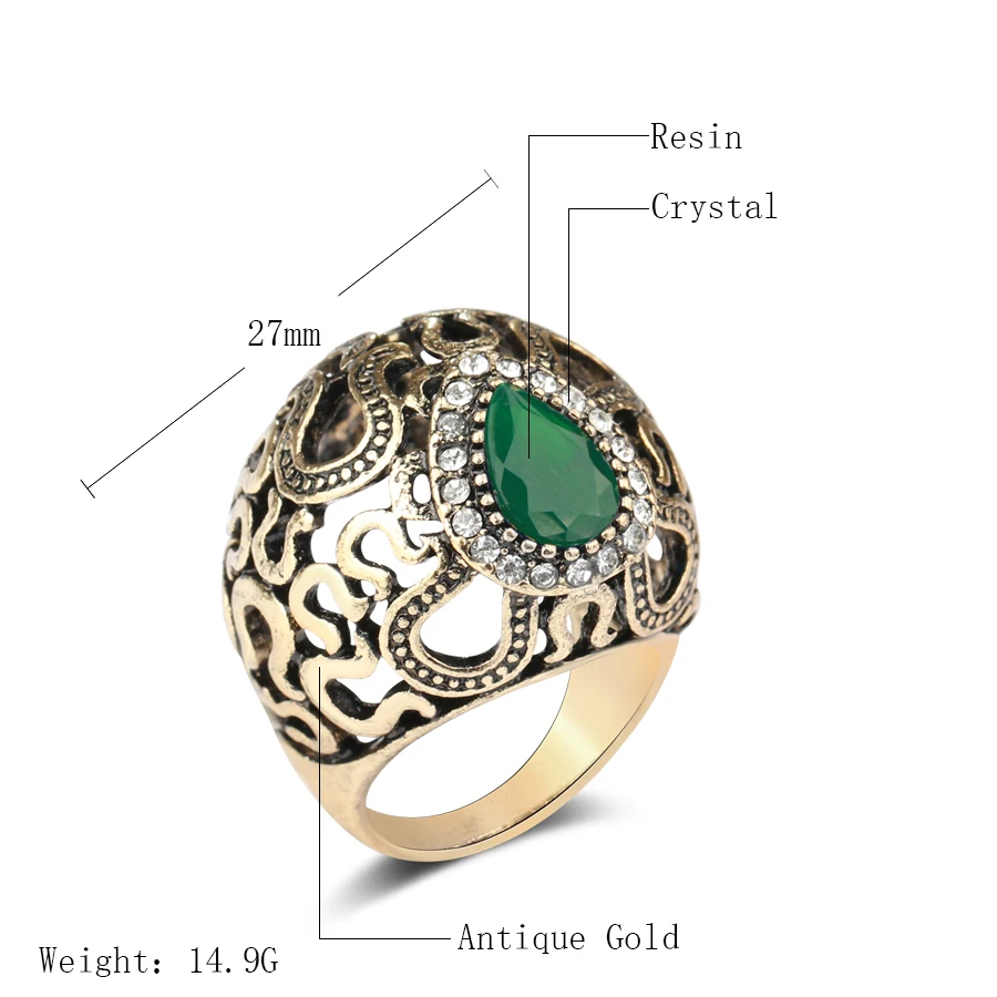 Wbmqda Unique Turkey Antique Rings For Women Vintage Hollow Crystal Flower Ball Big Ring Wedding Jewelry Party Christmas Gifts