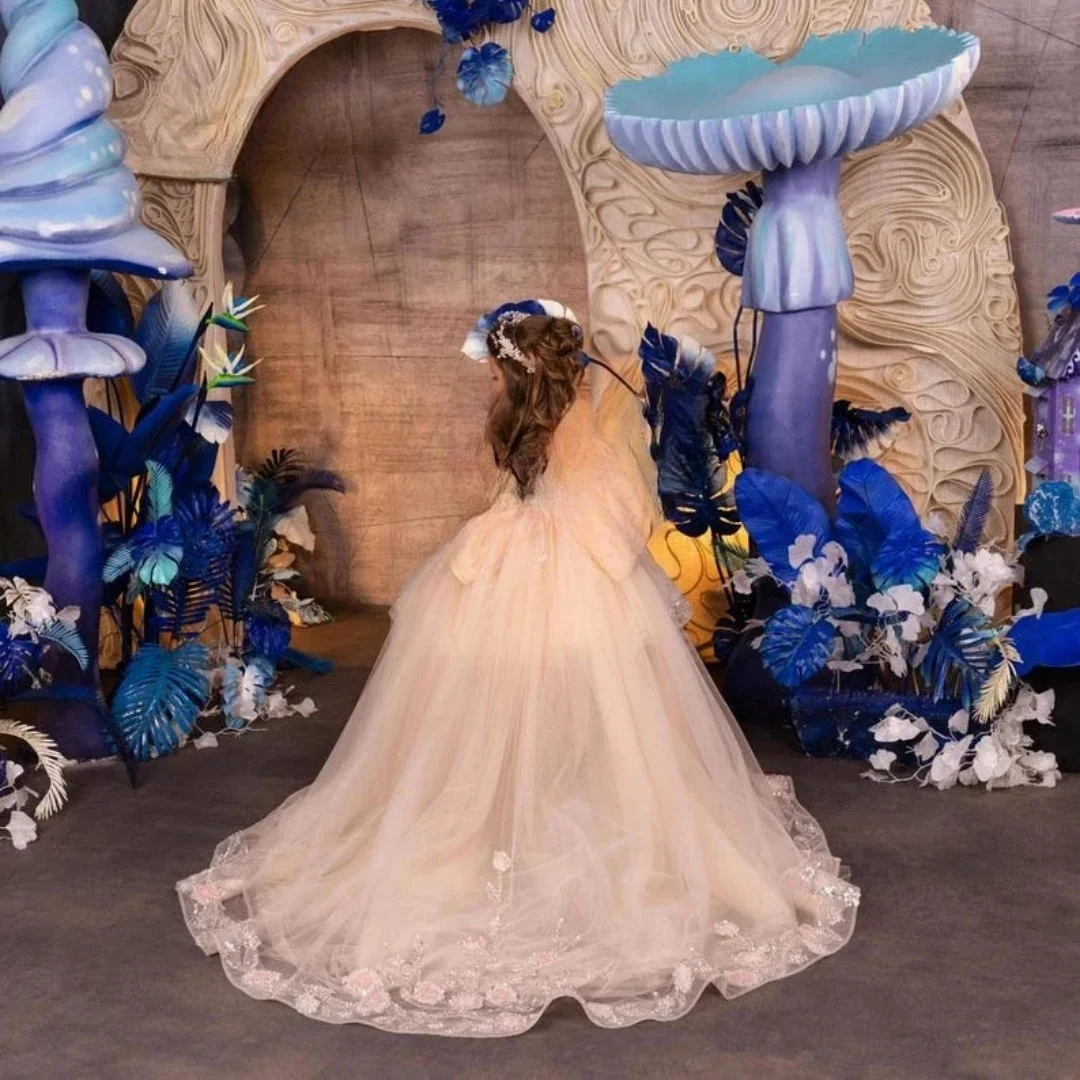 Pink Flower Girl Dresses for Wedding Princess Lace Appliques High-Low Length Baby Girl Birthday Ball Gowns Communion Customized