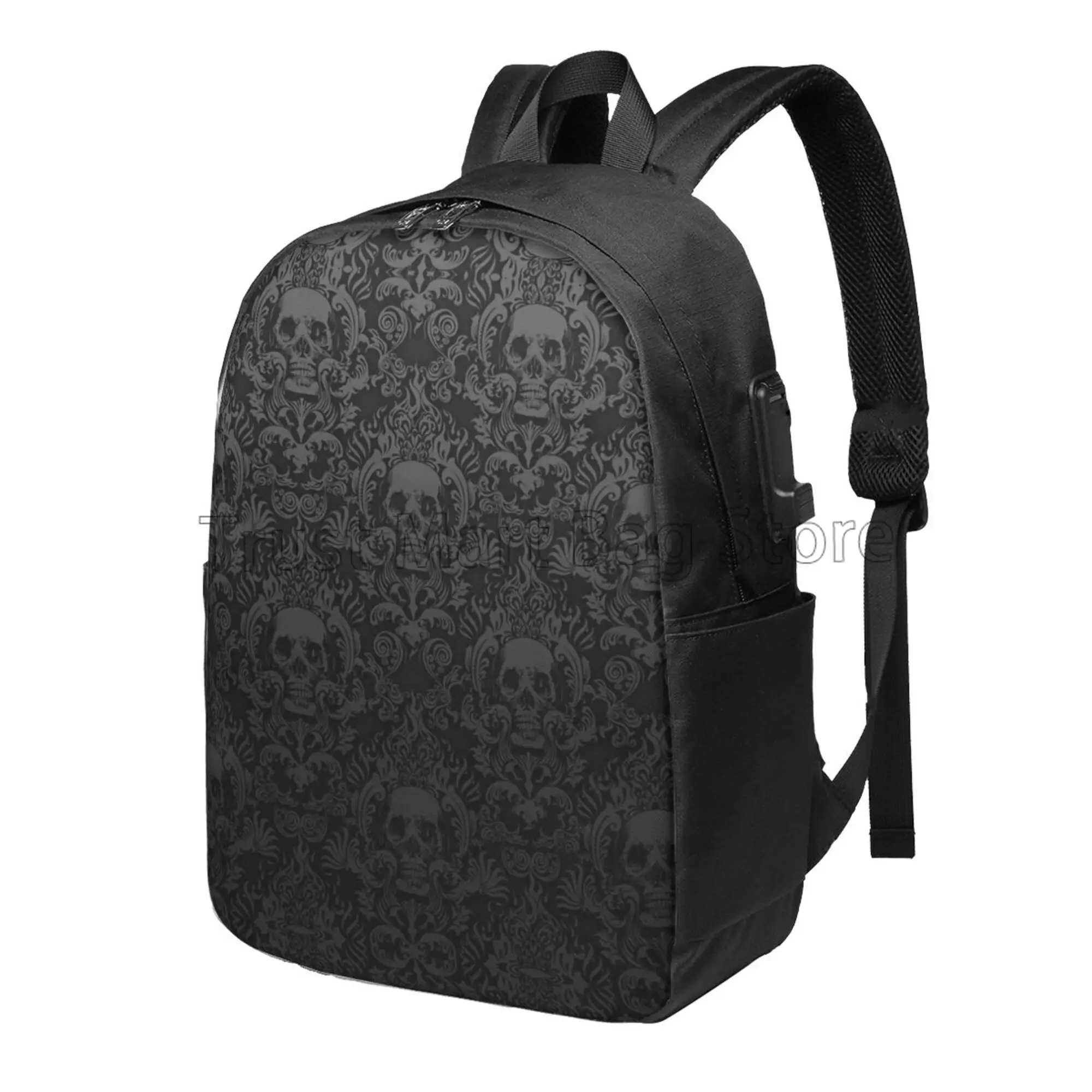 Mochila Gothic Black Skull Damask Pattern Laptop, Durável, Leve, Casual Travel Daypack com Porta de Carregamento USB, 17\