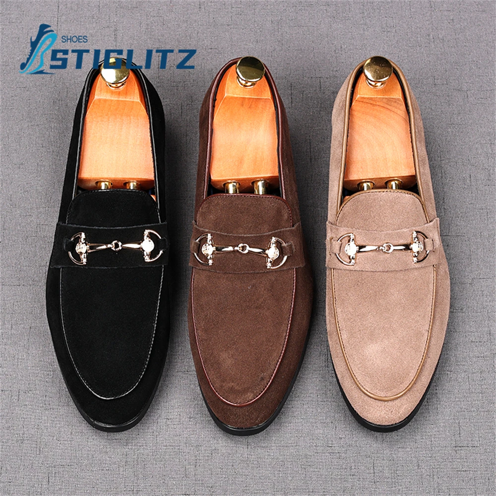 Solid Suede Horsebit Mules Round Toe Shallow Loafers Concise Flat Casual Shoes for Men Slip On Inner Heightening Dress Shoes New