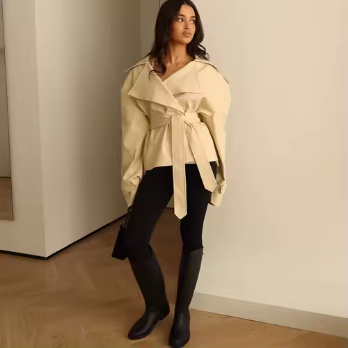 F New Fashion Lace up Cropped Trench Coat Women Lapel Long Sleeves Wide Shoulder Windbreaker Jacket Fall Commuting Daily Jackets - Image 8