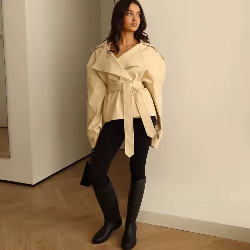 F New Fashion Lace up Cropped Trench Coat Women Lapel Long Sleeves Wide Shoulder Windbreaker Jacket Fall Commuting Daily Jackets - Image 8