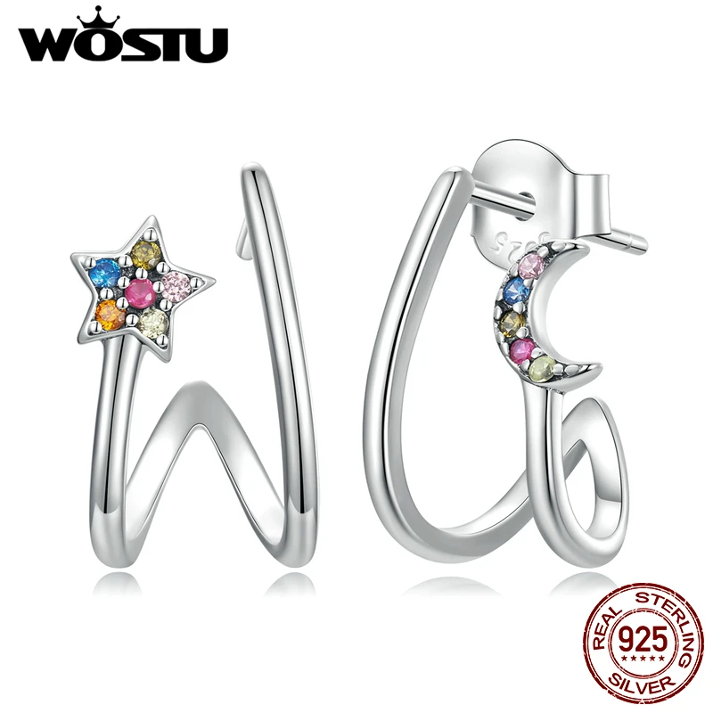 WOSTU 100% 925 Sterling Silver Butterfly Star&Moon Stud Earrings For Women Simple Style Zircon Ear Hooks Fine Jewelry Gifts