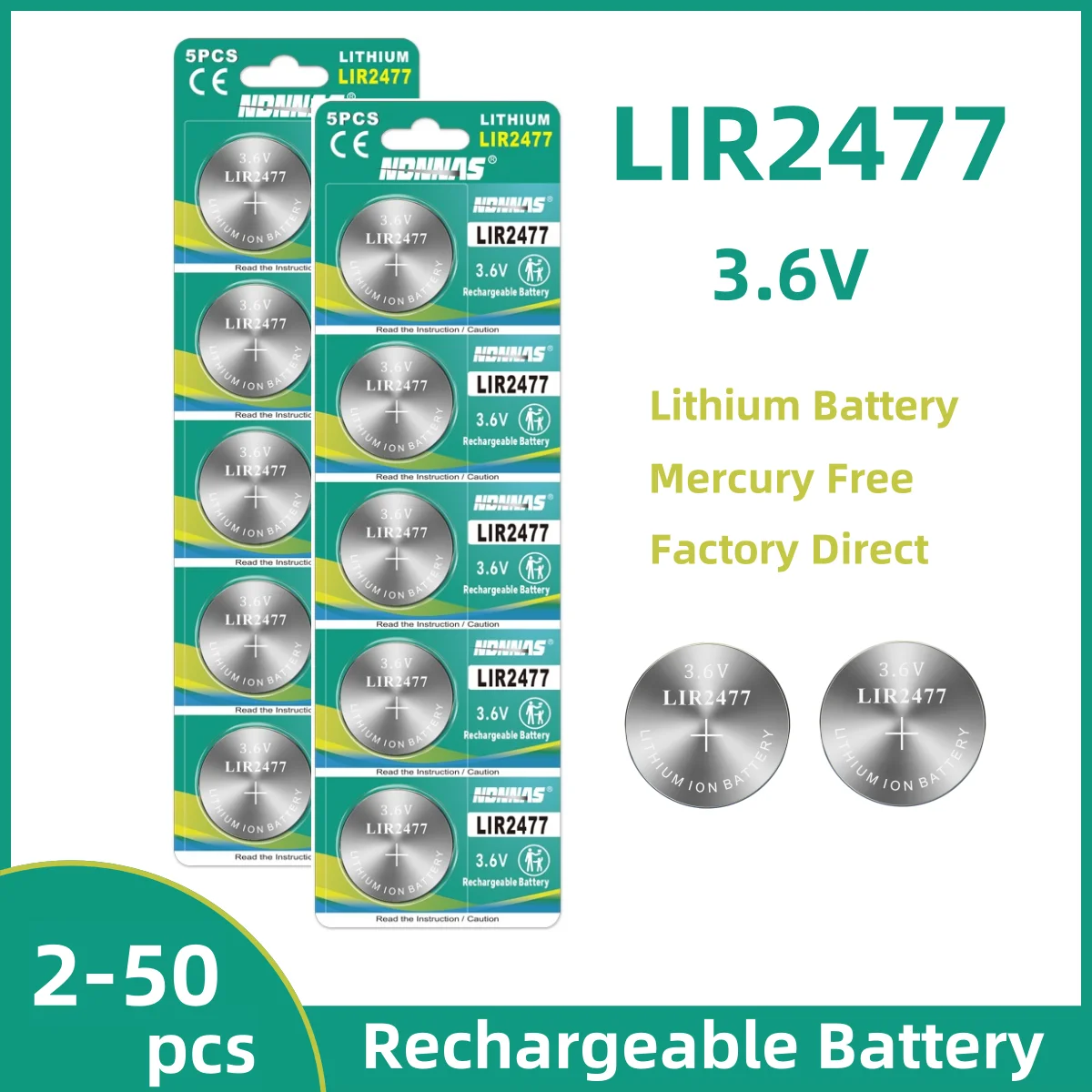 

2-50pcs LIR2477 Rechargeable Battery 200mAh 3.6V Lithium Button Cell Battery can replace CR2477 for Watch Calculator Tablets