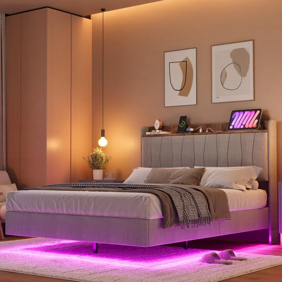 Base de Cama Flotante Completa con Luces LED y Estación de Carga, Cama de Plataforma Tapizada con Cabecero con Almacenamiento, Soporte de Láminas de Madera